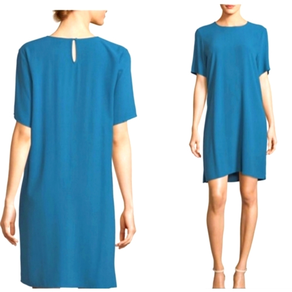 EILEEN‎ FISHER Blue Shift Dress Short Sleeve Keyhole Neck M designer luxury